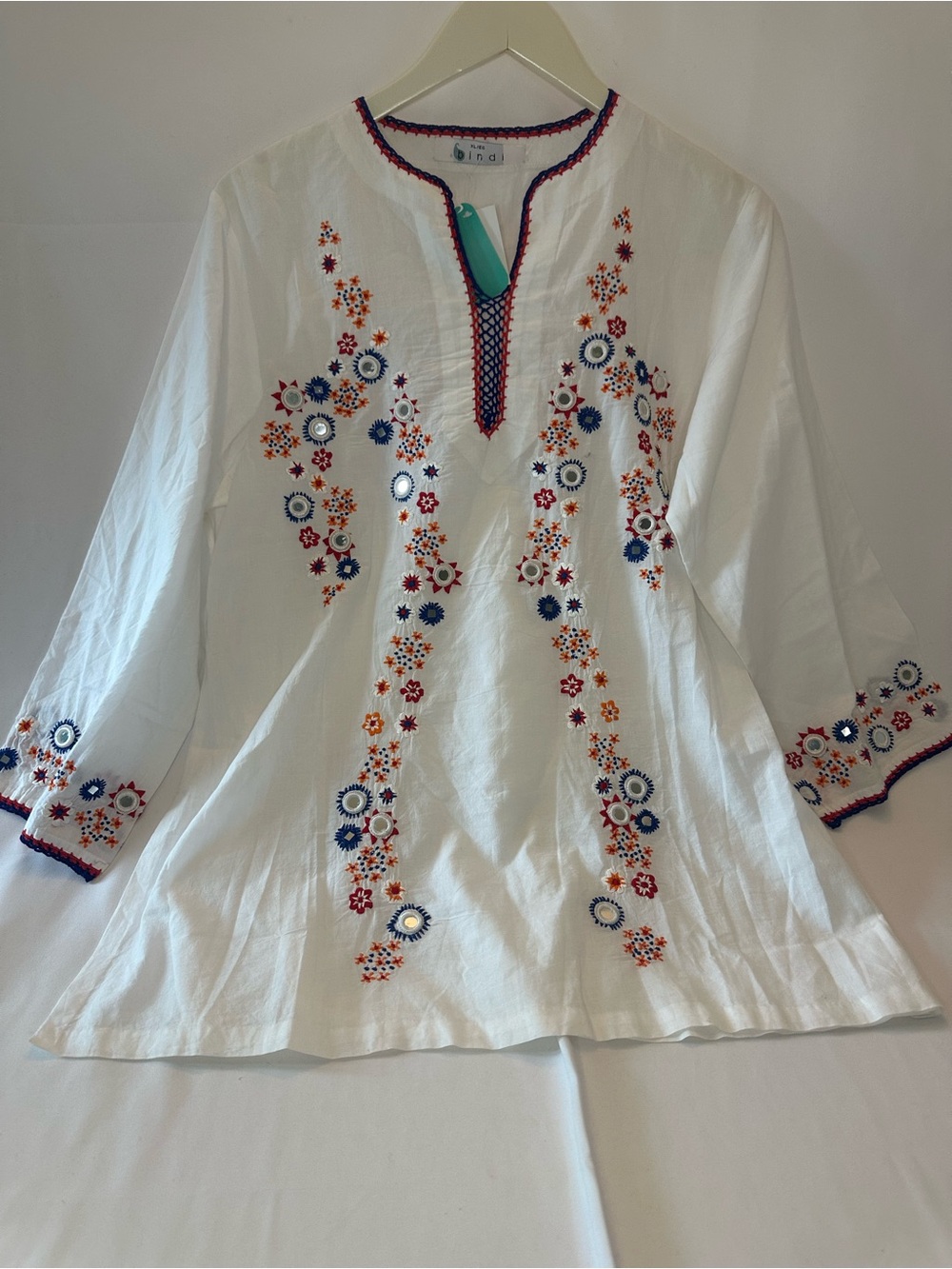 Indigo Embroidered White Cotton Tunic Top - Floral Mirror Detail